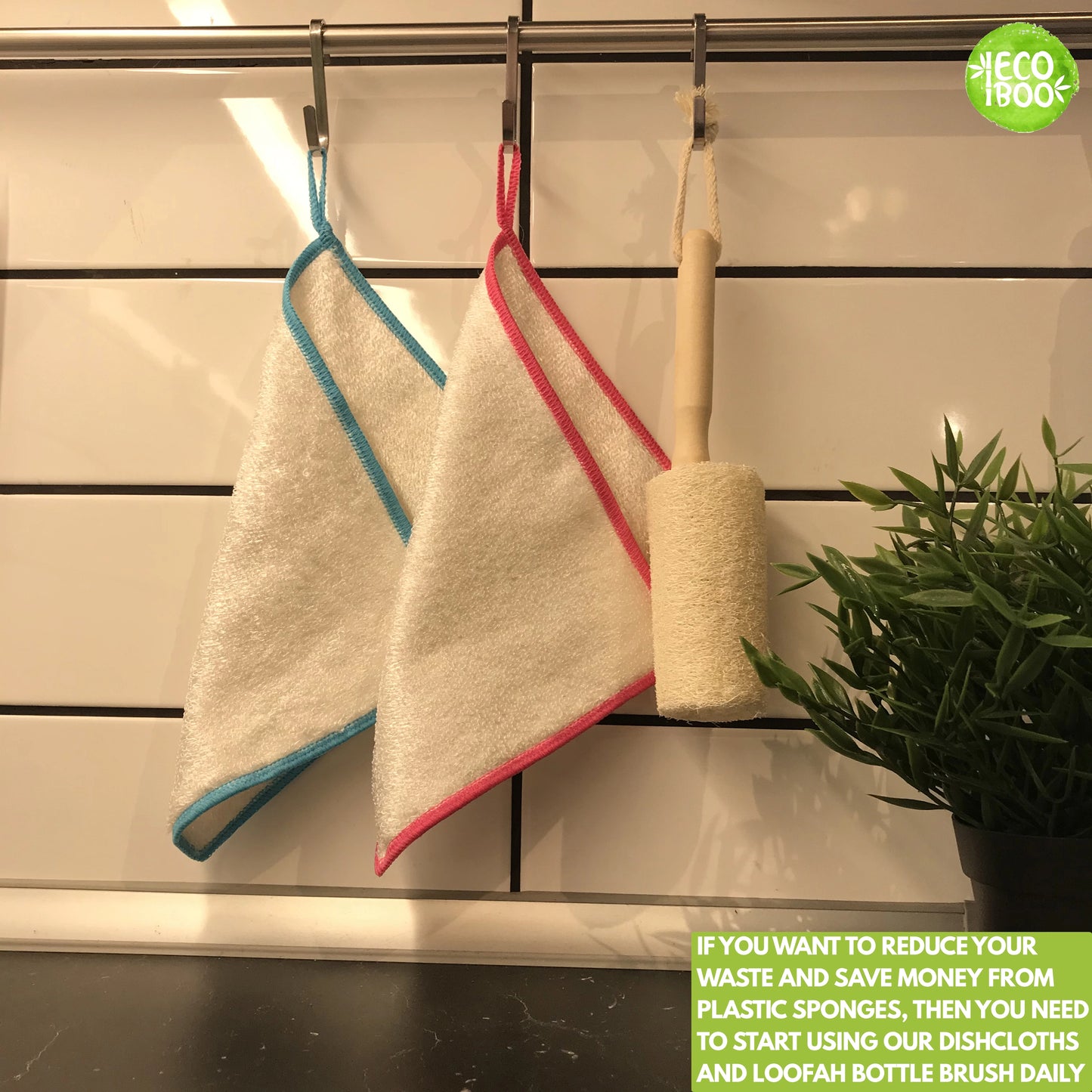 Dishcloths with hanging loops & loofah brush with handle