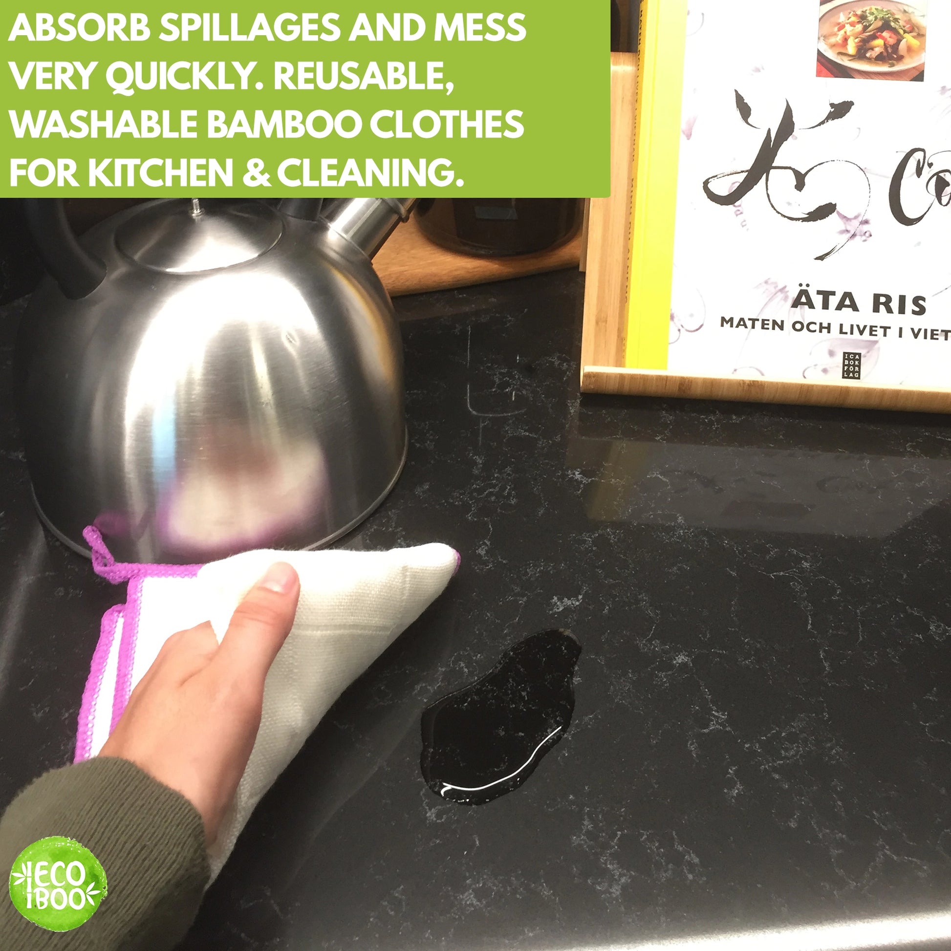 Clean counter tops with reusable unpaper cloths. Your easy-access paper towel for wiping down counters and cleaning up after meal prep.